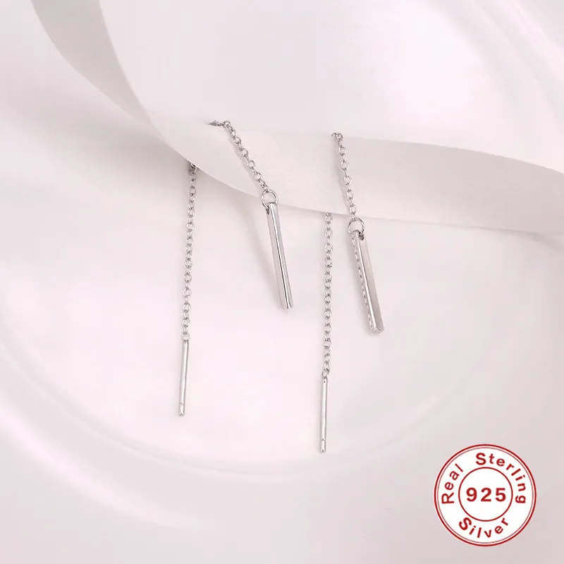 925 Sterling Silver Earrings For Women Gold Long Tassel Girl Gift Stud Female Minimalism Chain brincos R5 | Украшения и