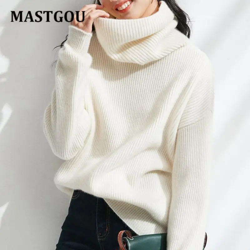 

MASTGOU OverSized Basic Turtleneck Women Sweaters Cashmere Pullover Sweater Korean Fashion Knitted Ribbed Jumper Top Long Sleeve