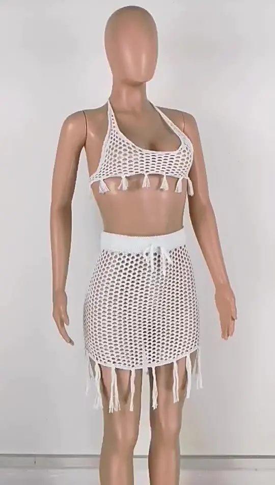 

Женский пляжный комплект с юбкой, комплект из двух предметов с лямкой на шее и бахромой, лето 2021