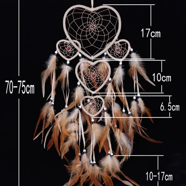 

s-1pc Heart Dream Catcher Brown Red Wall Hanging With Feather Bead Ornament Decoration