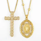 FLOLA золотая цепочка Девы Марии ожерелье для женщин белый каменный крест кулон ожерелье ювелирные изделия из кристаллов Дева Мария Гваделупская nkes52