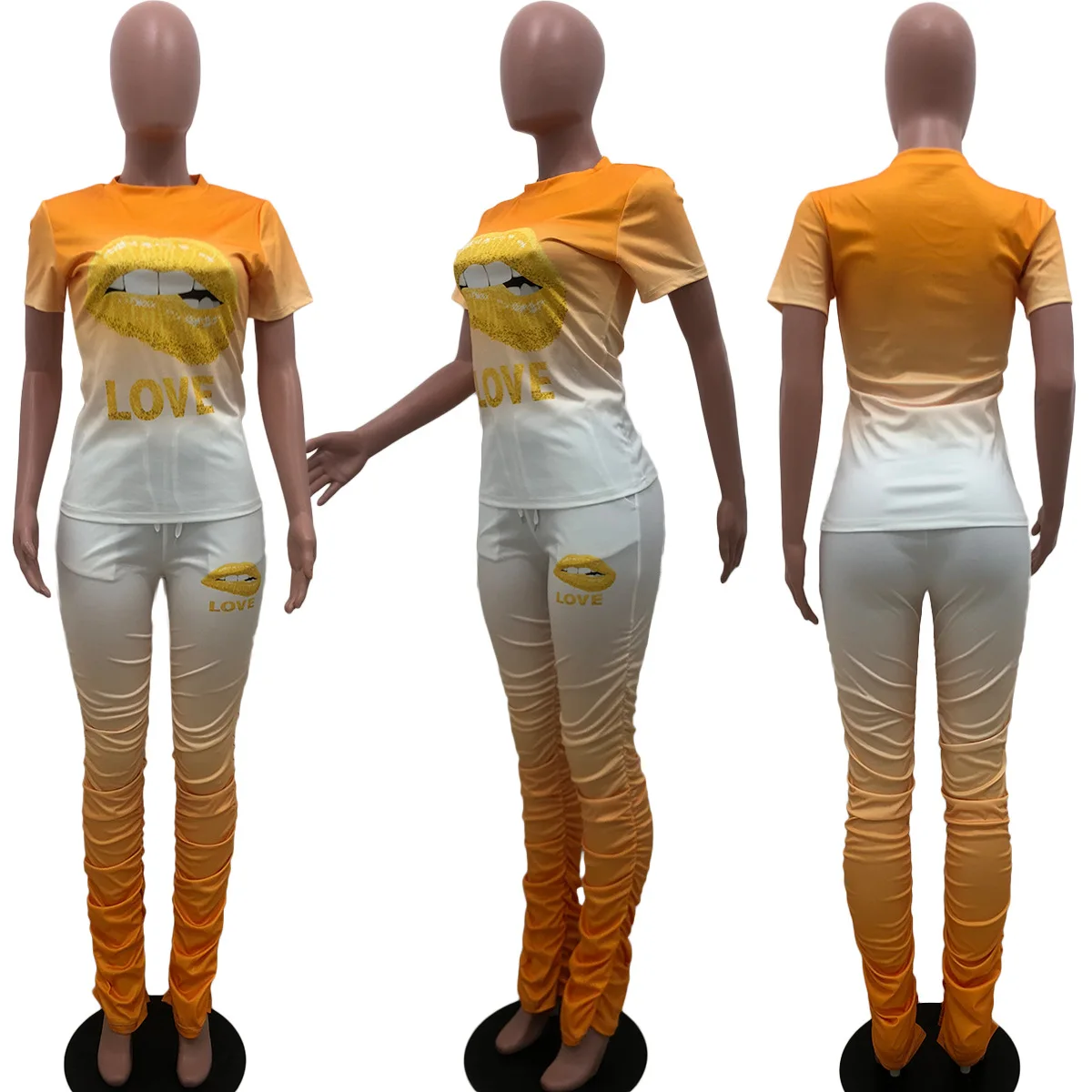 

HAOOHU Women Sport Two Piece Set Love Lip Gradient T-shirt Tops Stacked Bell Bottom Flare Jogger Suit Tracksuit Matching Set