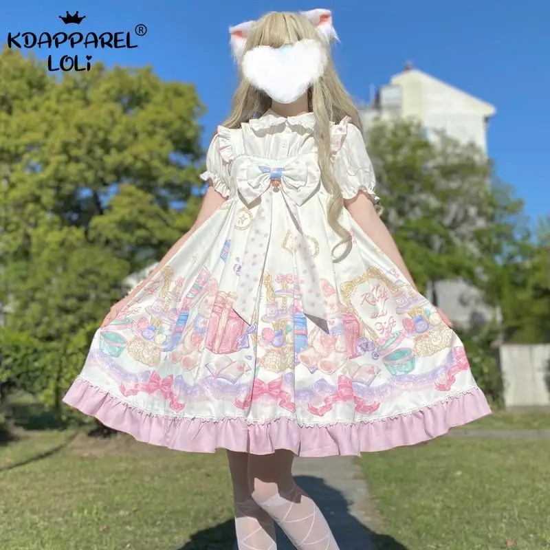 Платье на бретельках Lolita JSK милое женское платье с высокой талией и бантом в