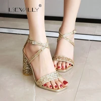 lsewilly women shoes summer sandals glitter round heel cross tied shoes buckle super high heel party sandals ladies plus size