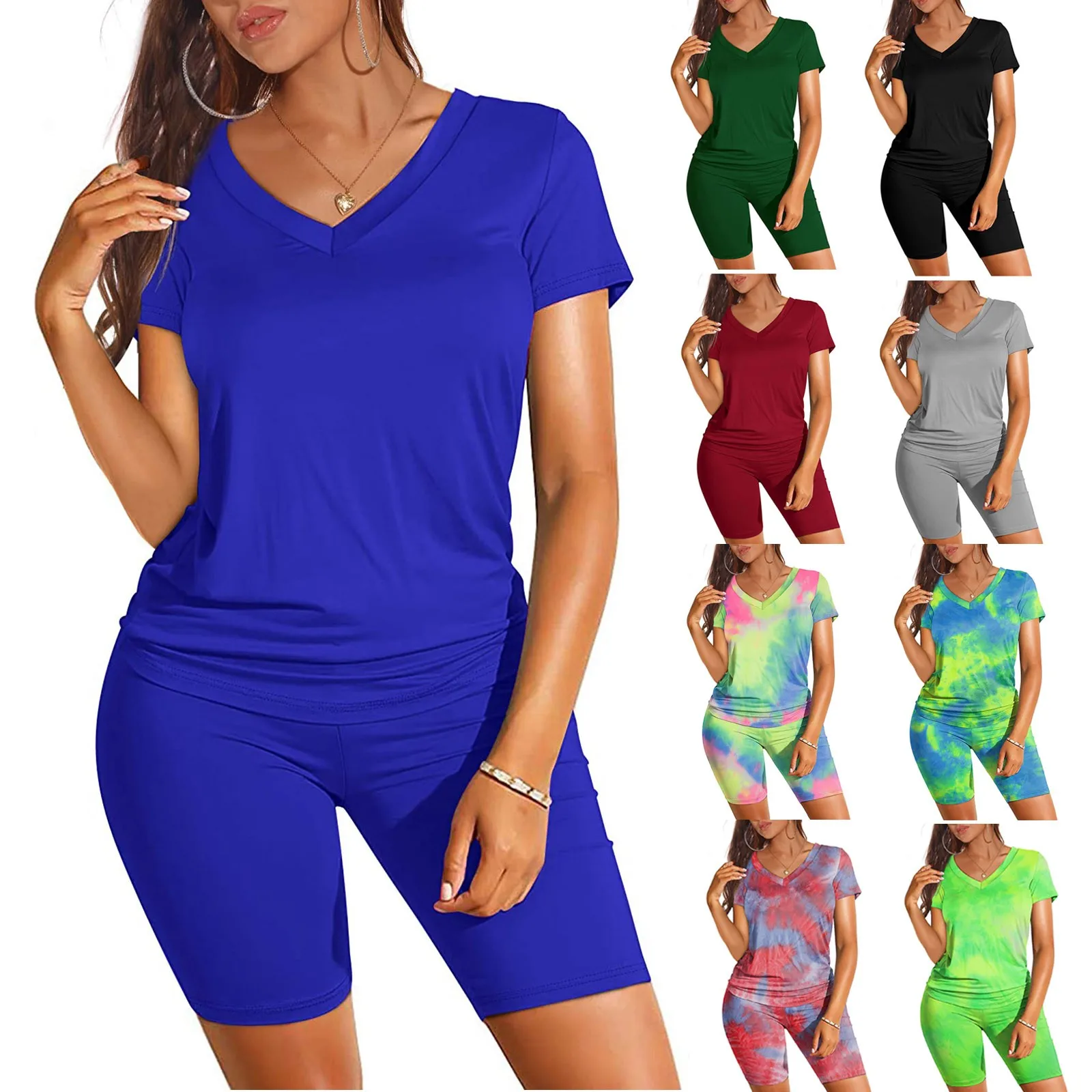 

Women's Two Piece Outfits For Women Short Sleeve V Neck Biker Shorts Set Short Sleeves Shirt Summer Women Hot Chic Bodycon Tops