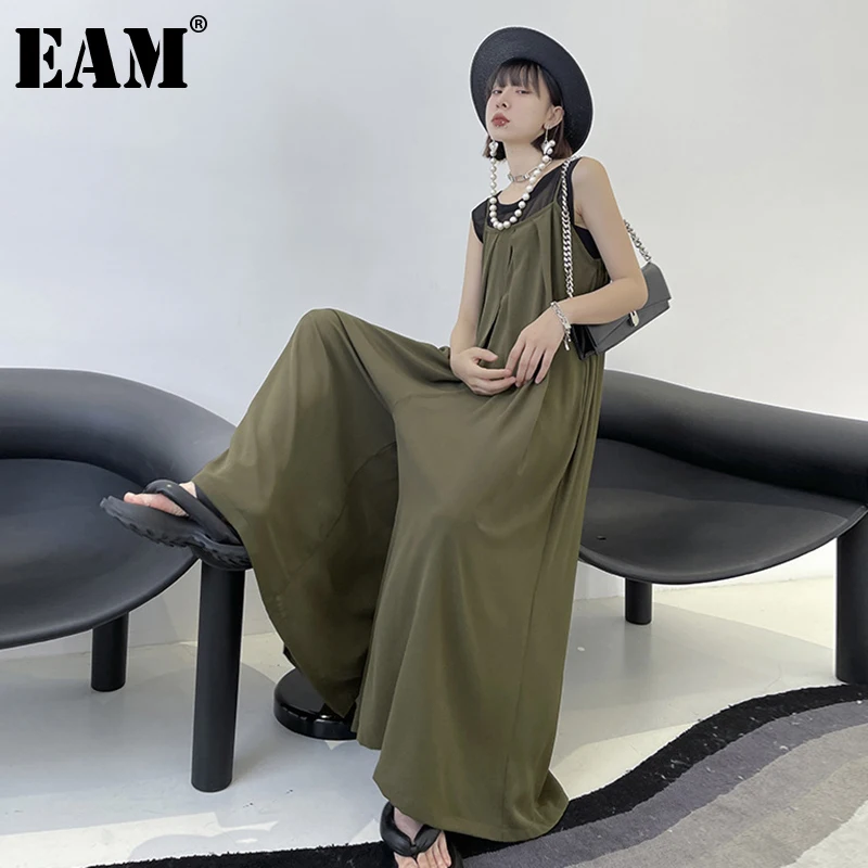 

[EAM] Loose Fit Women Army Green Wide Leg Jumpsuit New High Waist Pocket Stitch Pants Fashion Tide Spring Summer 2021 1DE1528