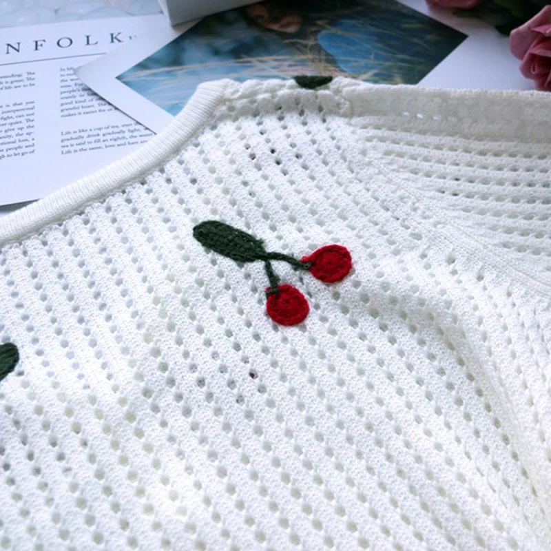 

Sexy Cherry Printing Knitted Sweaters Cardigan Casual Long Sleev Hollow Pearl Button Mesh Knit Short Coat Bottom Women Clothing