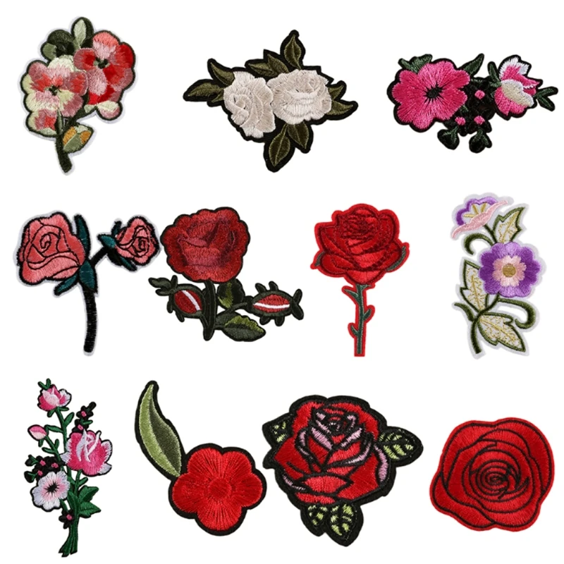 

Нашивка с цветком розы в ассортименте, 11 шт., вышитая термоаппликация для рукоделия, шитья, одежды, других тканей