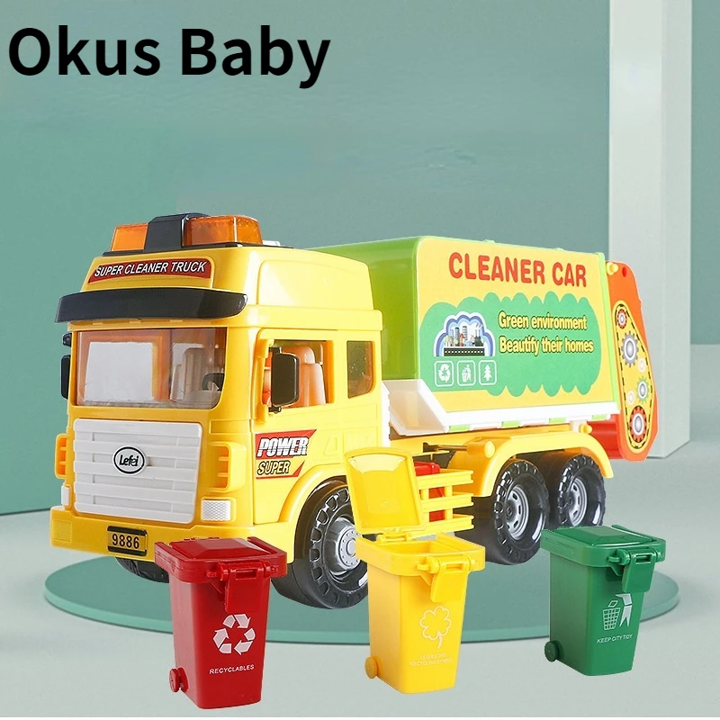 

2021 Large Size Children Simulation Garbage Truck Sanitation Car Vehicle Toy Kid toys With 3 Garbage Can Hand cranking Operate
