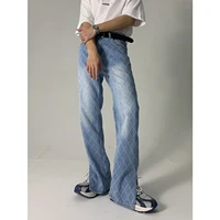 mesh jacquard jeans mens light blue korean casual straight leg wide leg pants loose slimming slit mop pants mens loose jeans