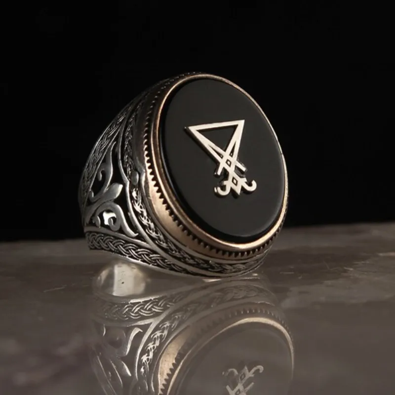 

Silver color Mens Ring Onyx Stone Sigil of Lucifer Devil Seal of Satan Ring