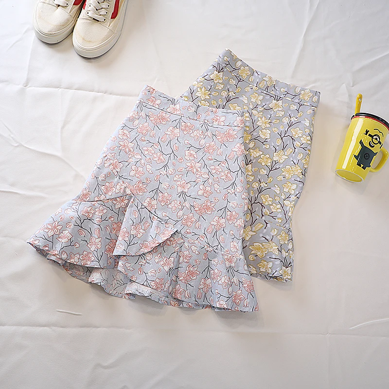 

2020 New Summer Floral Mini Skirt Women High Waist Ladies Mermaid Print Skirts Elegant Ruffles Trumpet Skirt Sweet Short Saias
