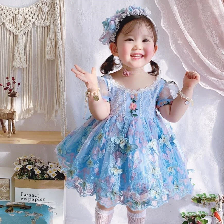 

Summer Spanish Lolita Princess Ball Gown Lace Bow Stitching Backless Ball Gown Vintage Birthday Easter Party Dress For Girl A112