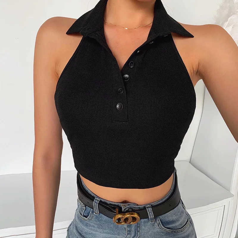 

Halter Turn-down Collar Crop Top Sleeveless Button Skinny Elastic Tank Top Women Sexy Summer Vacation Tops