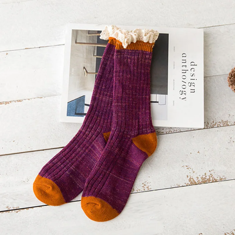 Кружевные носки женские толстые вязаные в японском стиле из окрашенной пряжи