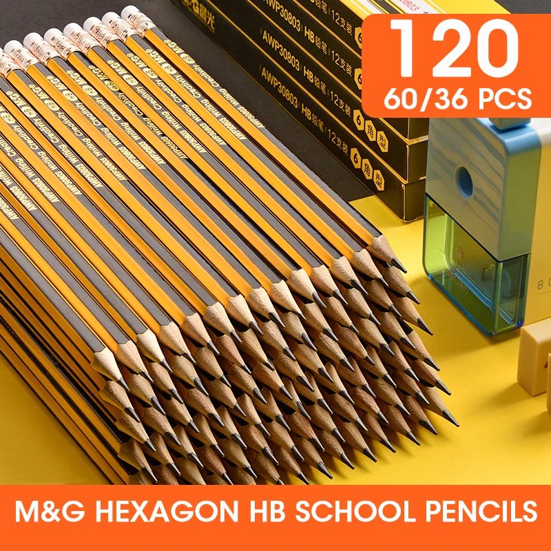 Andstal 120/60/36pcs M&G Hexagon Graphite Pencils With Eraser Pre-sharpened HB Wooden Draw Pencil Set School Supplies Stationery