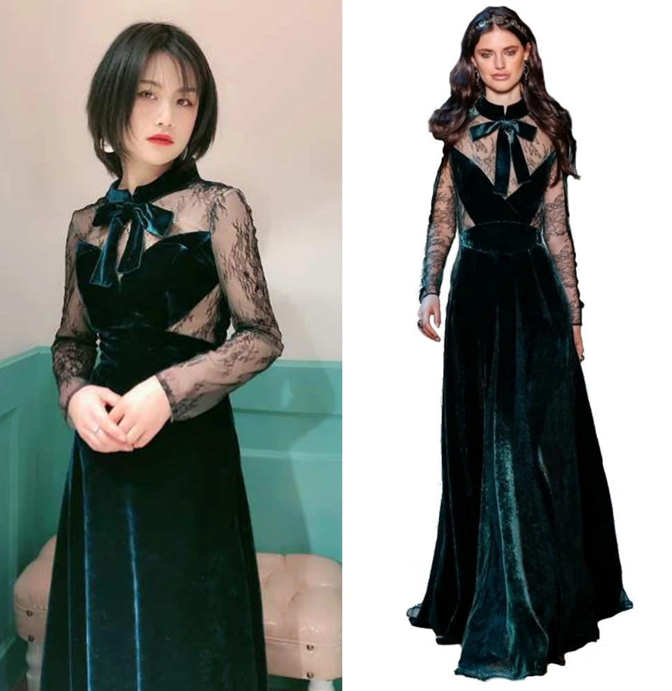 Зеленый бархат кружева иллюзия стиль ночные вечерние Формальное вечернее платье