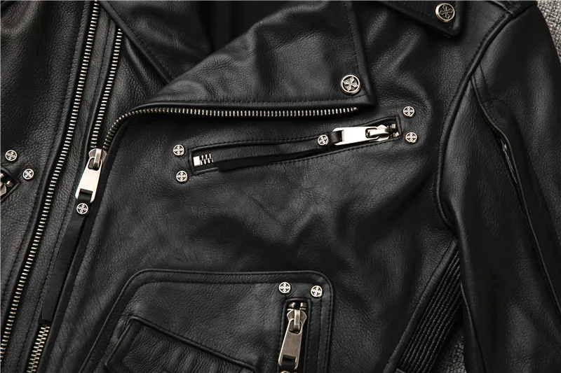 

2021 men's punk rivet motorcycle Diagonal zipper moto biker cow leather coat men slim fit rider jacket male