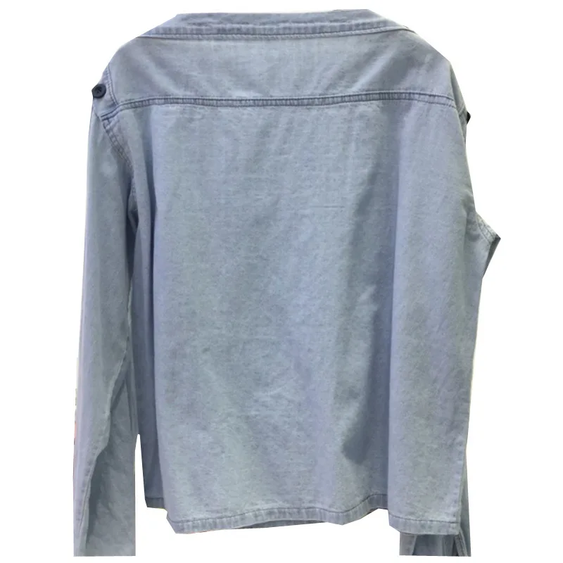 

2021 Spring Slash Neck Buttons Denim T Shirt Women Casual Long Sleeve Pocket Tops Pullover Ladies Loose Street Cowboy Tee Shirts