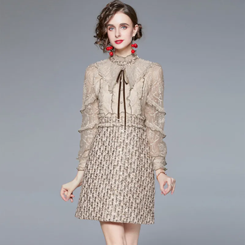 

New Spring Designer Beading Bow Long Sleeve Ruffle Dresses Women Fashion Splicing Embroidery Mesh Tweed Dress Female Party