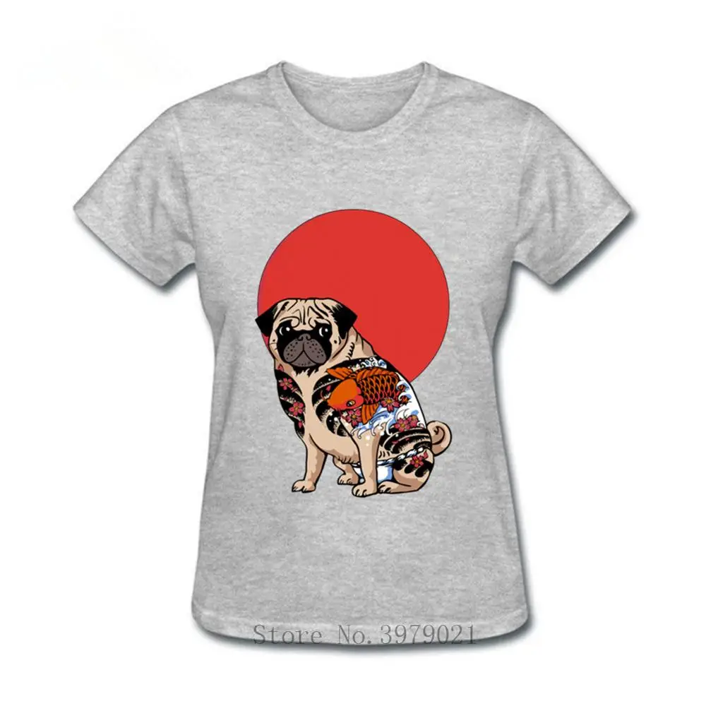 Изображением мопса-якудзы восходящее солнце футболка для женщин японский Koi Карп