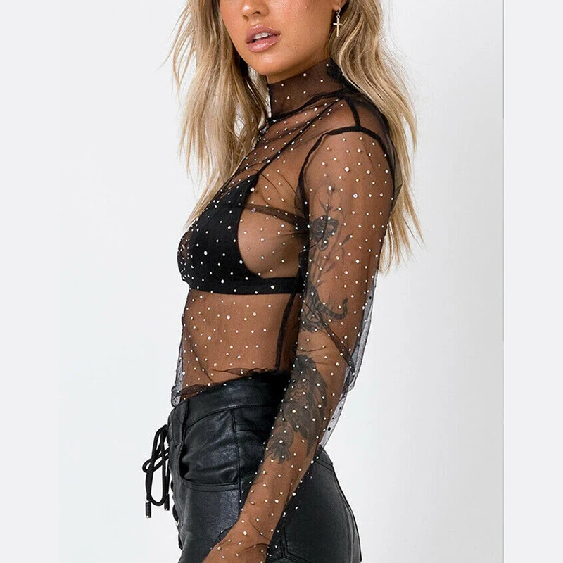 roupas feminina Women Mesh Top Sexy Sheer T Shirt Transparent Tops Turtleneck See Through Clothes Summer Female Costume New 2019 | Женская