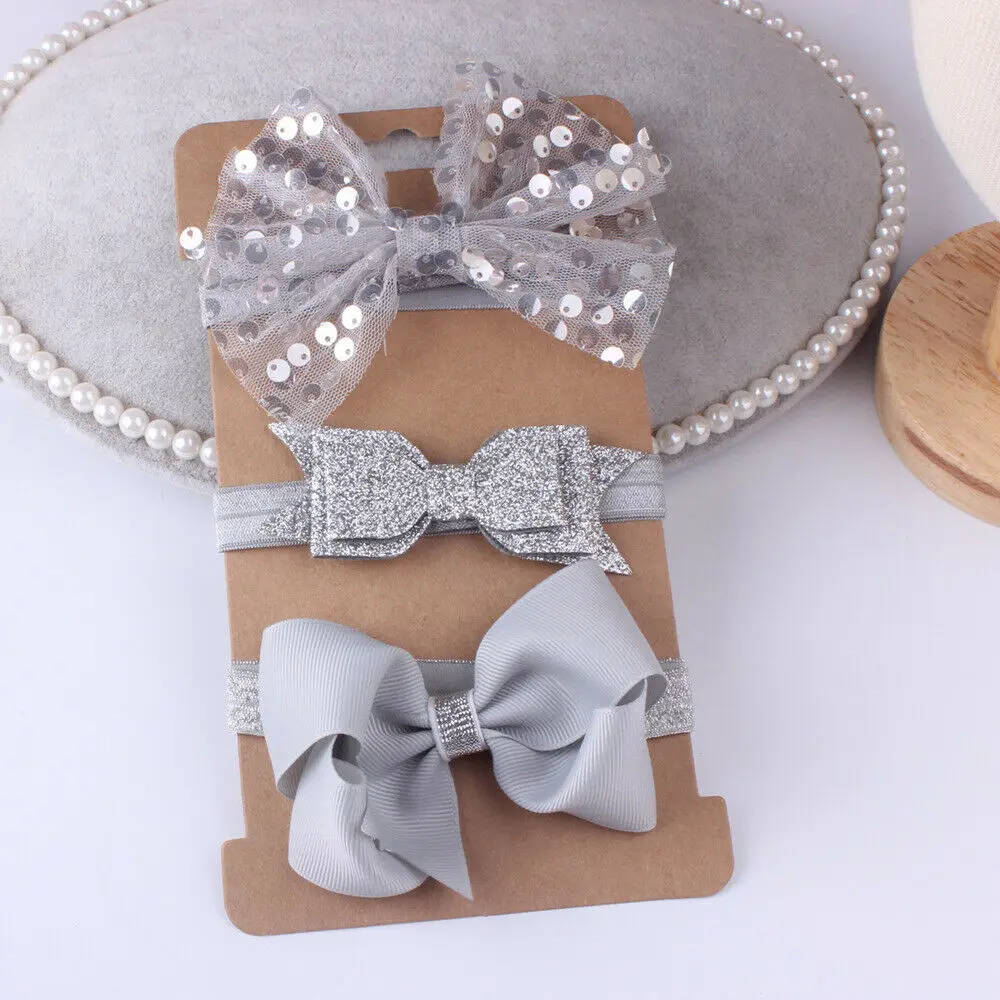 3Pcs/Set Kids Cute Glitter Sequins Big Bow Flower Headbands Baby Girl Toddler Hair Band Headwear White Beige Gray Pink Orange | Аксессуары