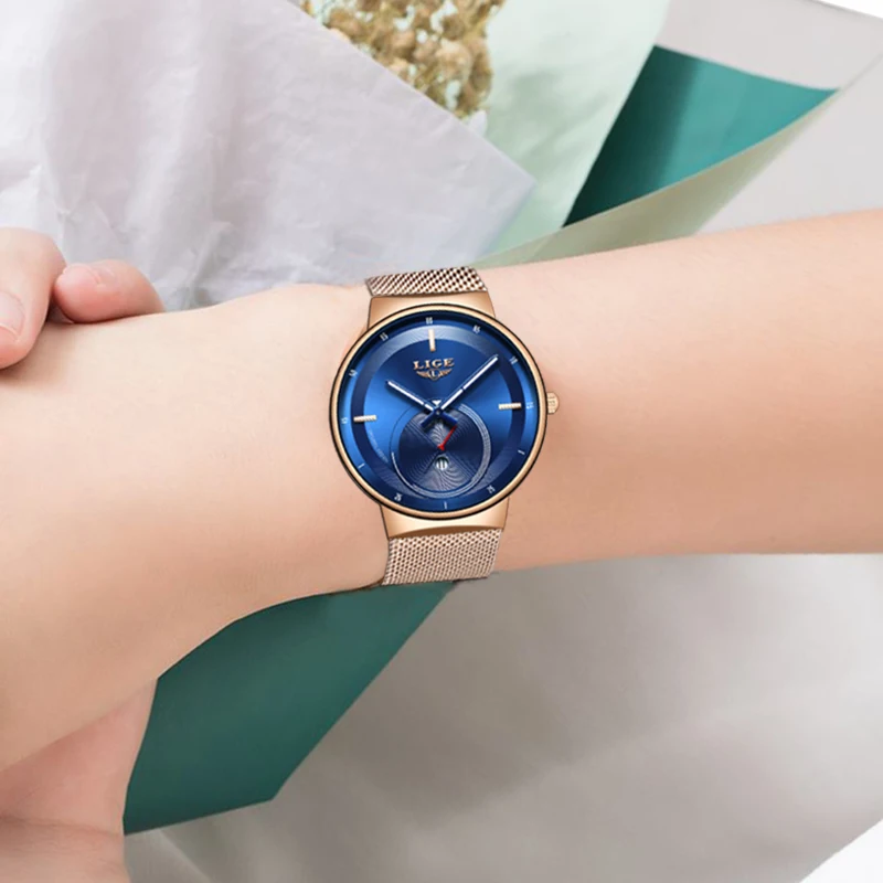 Женские повседневные кварцевые часы LIGE розовое золото синий цвет женские Relogio