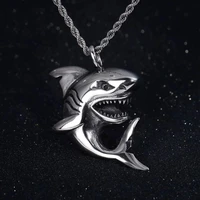 haoyi stainless steel shark pendant necklace for men fashion vintage punk jewelry accessories