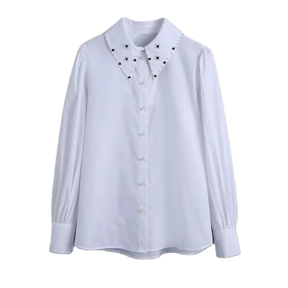 

2022 New Women Fashion Jeweled Poplin Shirt Vintage Long Sleeve Button Blouse Blusas Chic Top