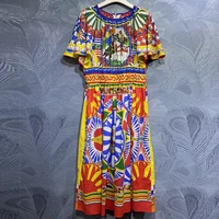 2021 summer fashion design dresses women butterfly sleeve printed elastic waist high quality dress 100 cotton dresses
