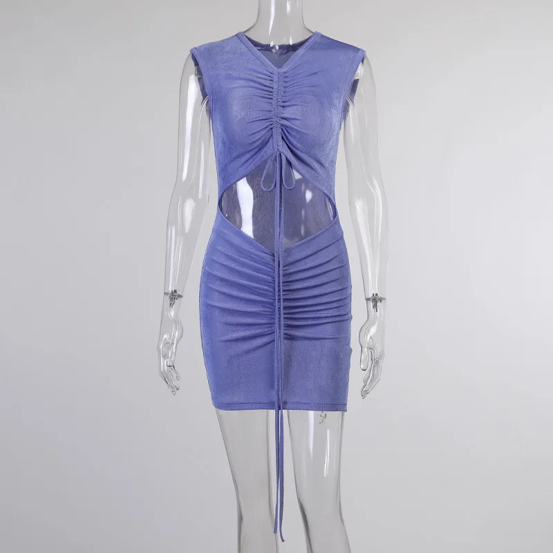 

Hollow Out Mini Dress For Women Sleeveless 2021 New Daily Streetwear Drawstring Ruched Night Club Women Spring Dress