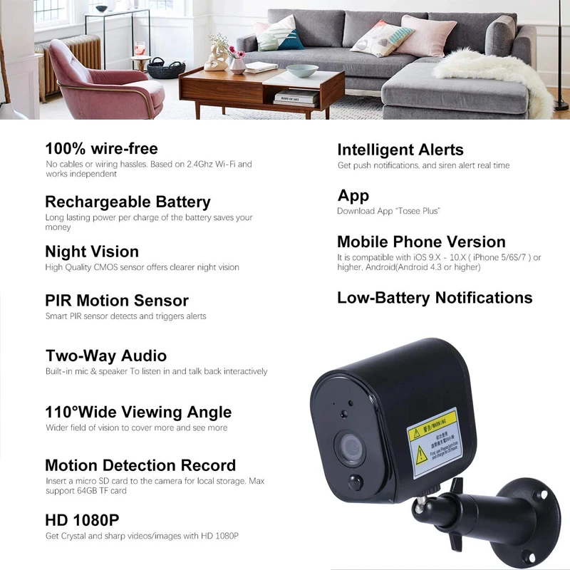 

Security Wireless Camera Home IP Cameras Works with Alexa 2-Way Audio Talk Night Vision HD Video with Motion Detection IP65