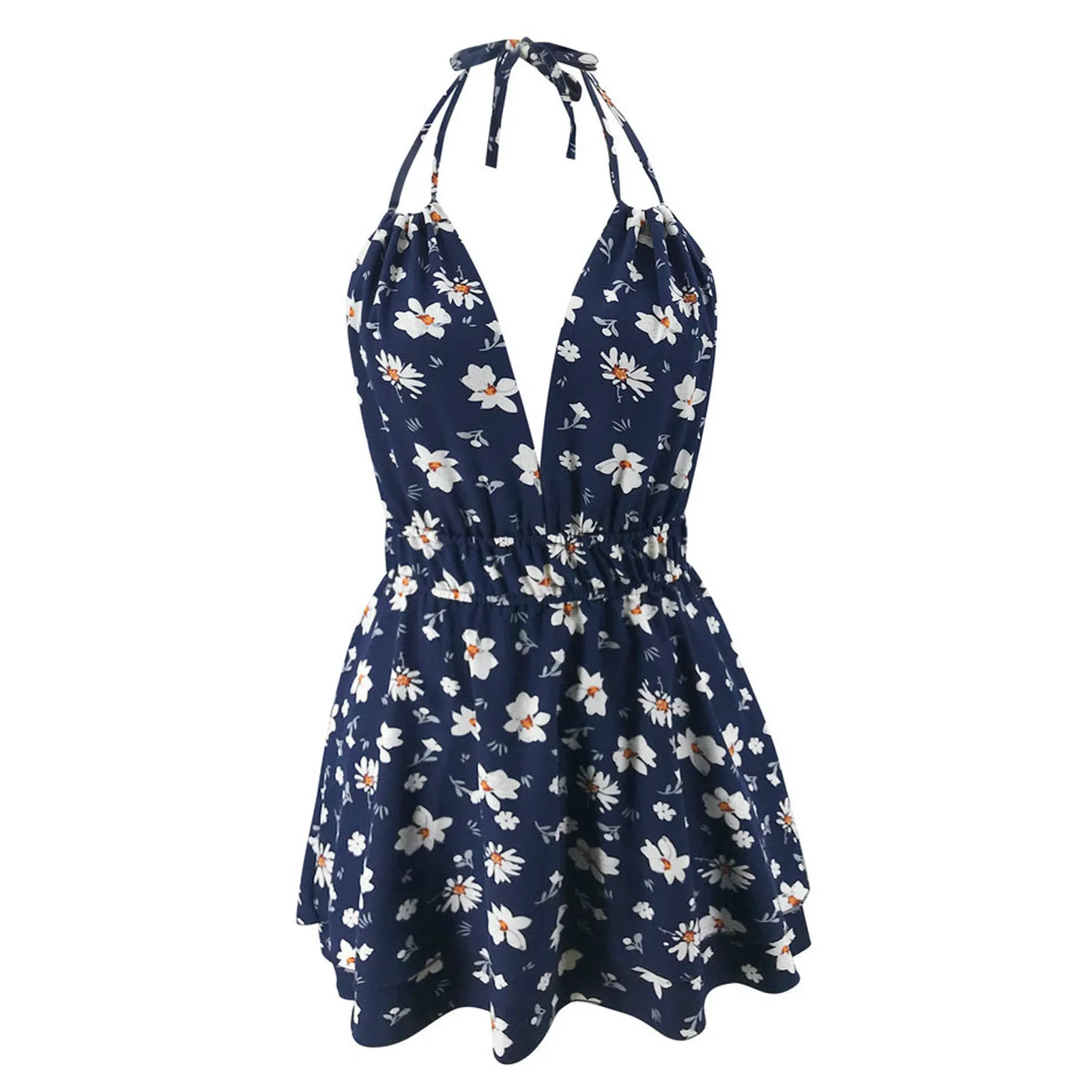 

Summer Halter Strap Mini Dress Casual Fashion Floral Sexy V-Neck Beach Swing Dress Ladies Women Evening Party Dress Vestidos