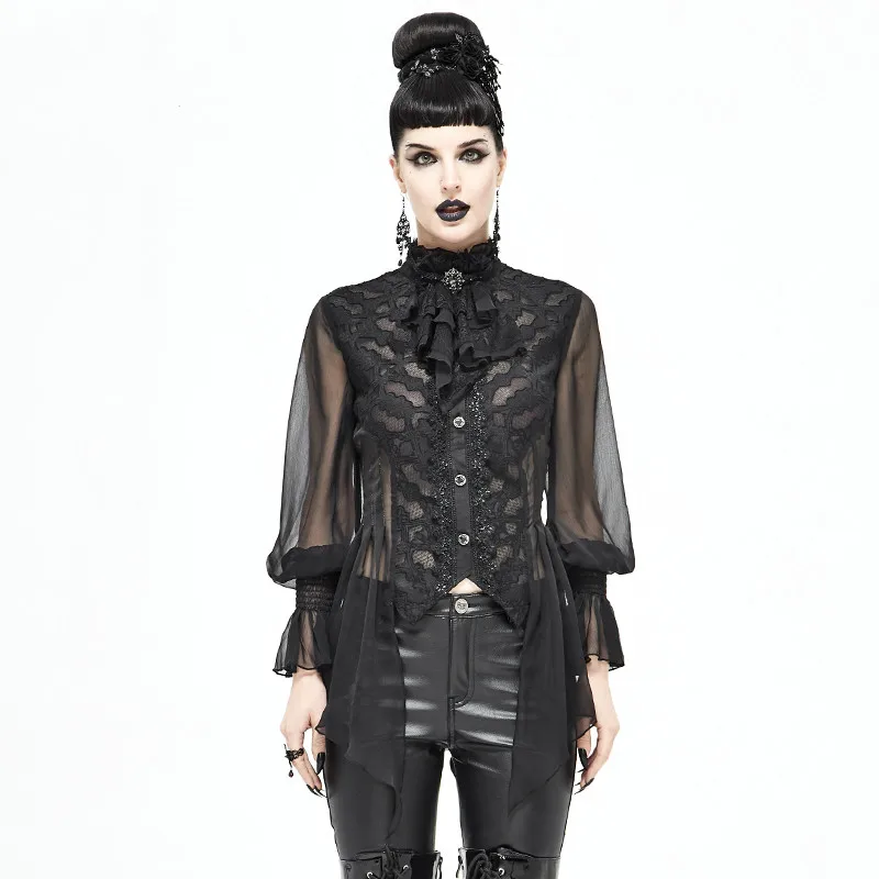 

Gothic Palace Style Chiffon Lace Petal Sleeve Thin Drawstring Tie Shirt With See-through Ladies High Collar Top Long Sleeves