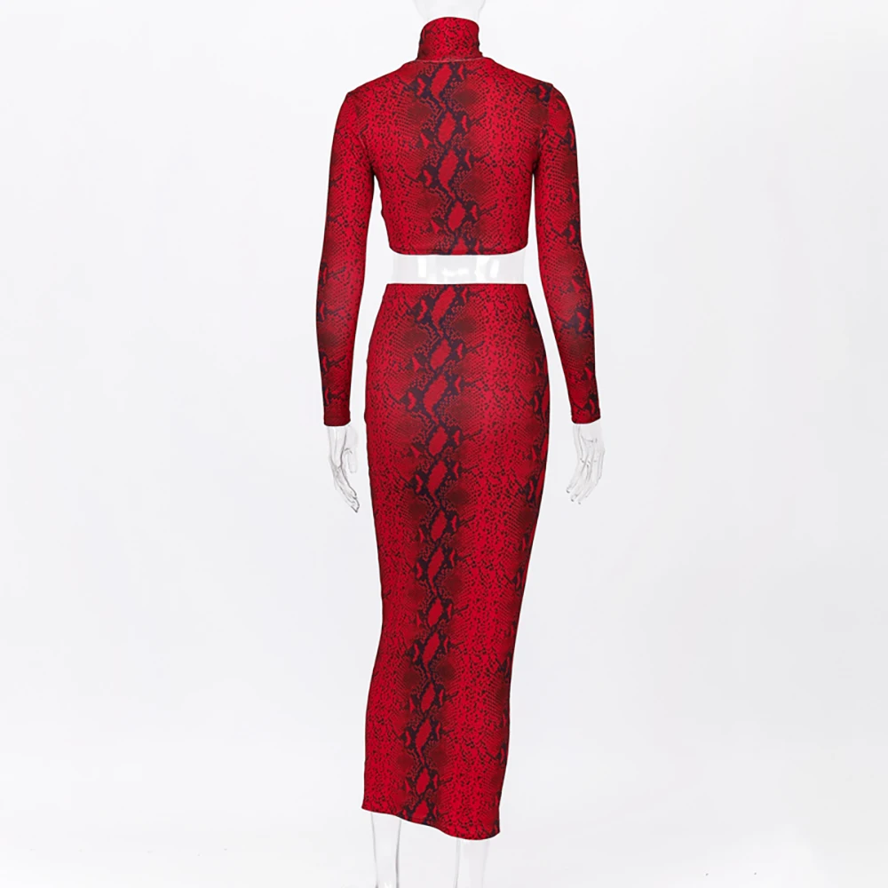 

Fashion Turtleneck Long Sleeve Snakeskin Crop Top and Skirt Women Two Piece Set Print Suits Bandage Matching Sets Autumn 2020