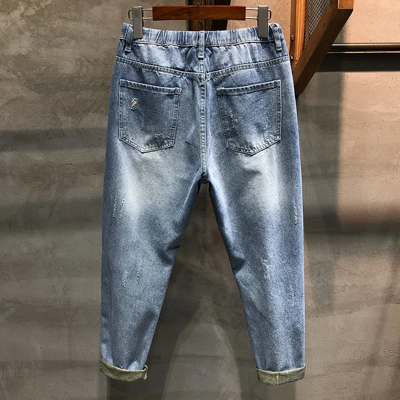 Джинсы мужские рваные потертые 100% хлопок уличная одежда укороченные штаны из