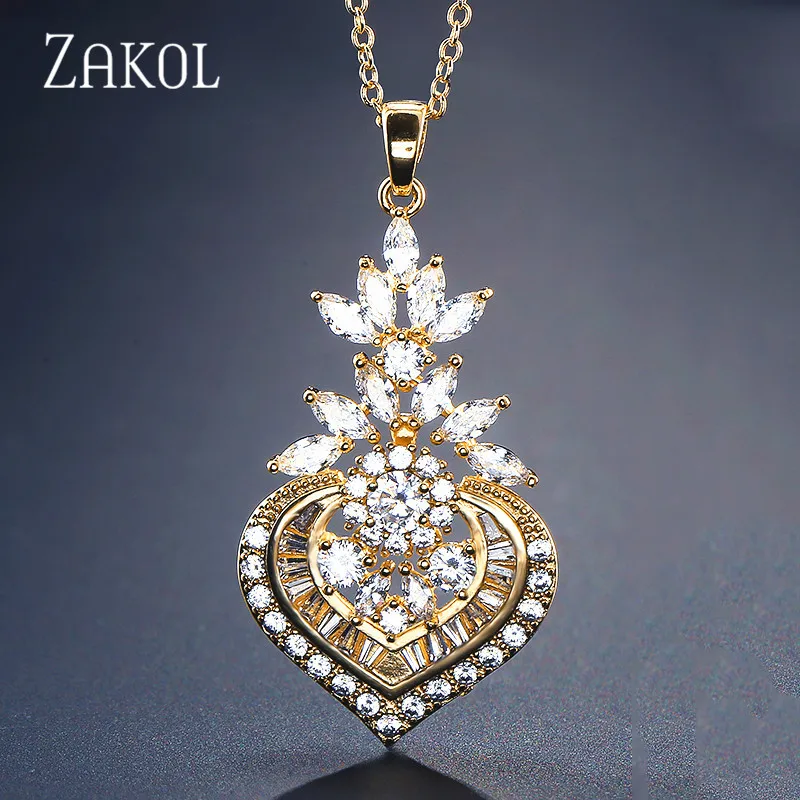 ZAKOL 3 цвета Роскошный большой маркиз сверкающий CZ цирконий цветок кулон и