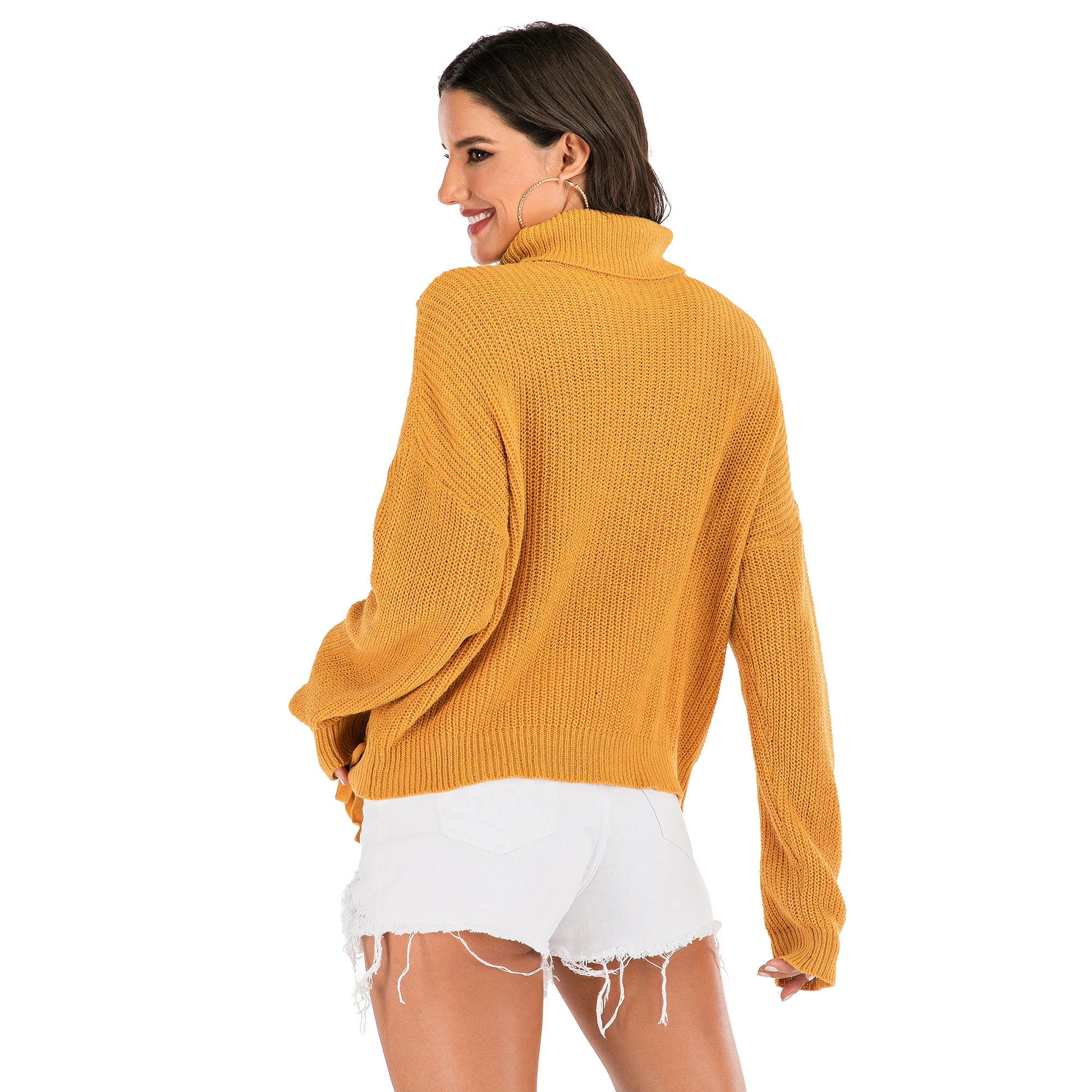 Осень 2021 женские пуловеры Однотонный свитер Свободный вязаный с длинным рукавом