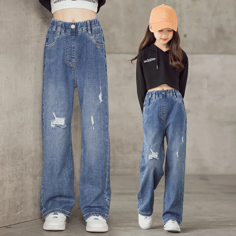 

Teenage Jeans for Girls 2021 Spring Summer Casual Fashion Loose Blue Kids Leg Wide Pants School Children Trousers 8 10 12 Years