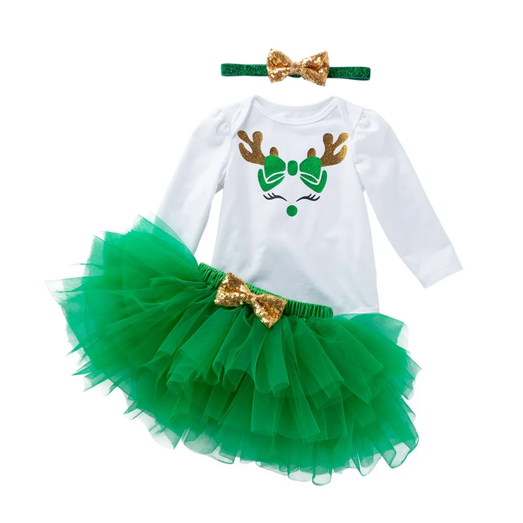 Рождественский комплект одежды для маленьких девочек боди с принтом оленя юбка