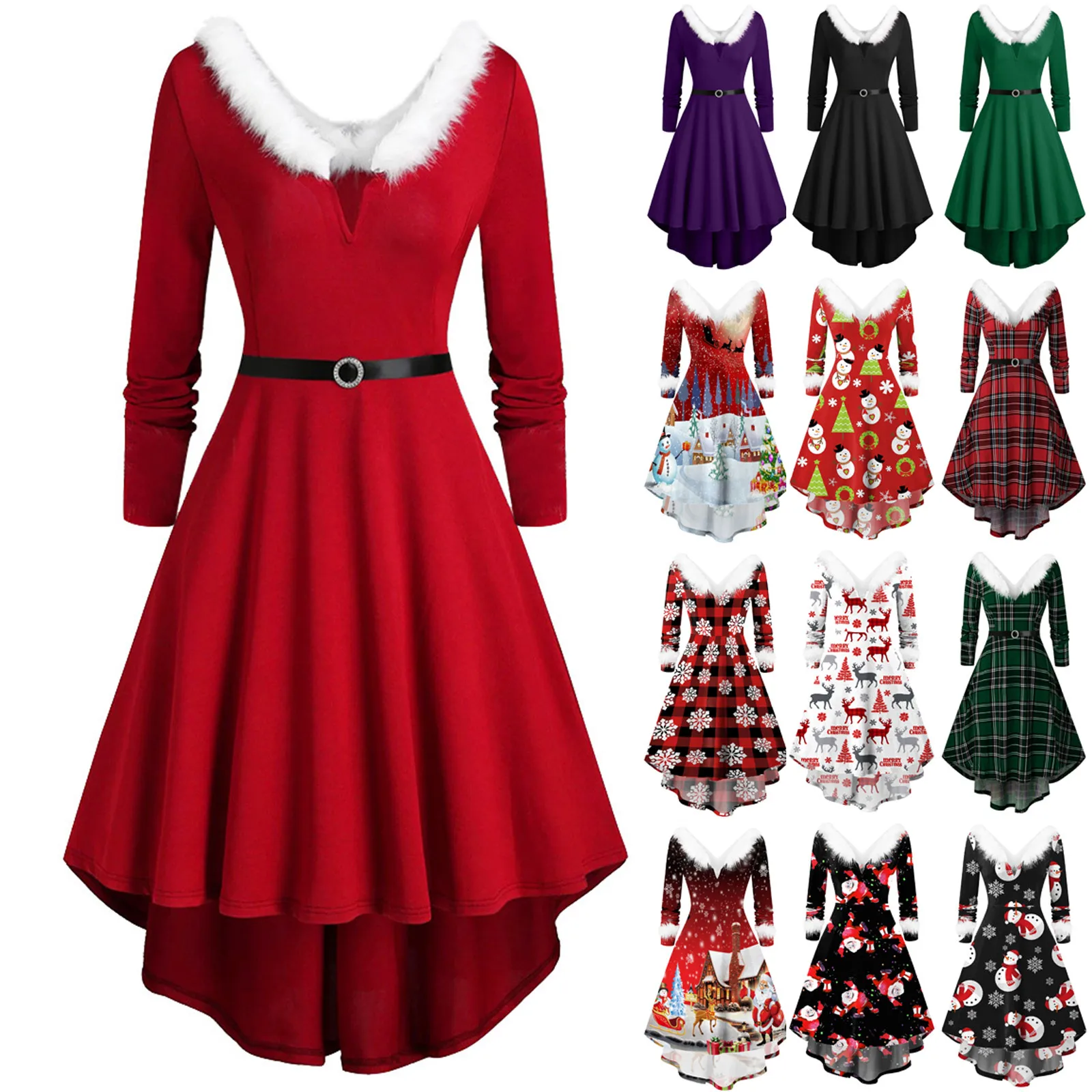 

Women Dress Long Sleeve Christmas Printed Furry V-Neck Draw Back Swing Dress vestido ocasional dresses for women party