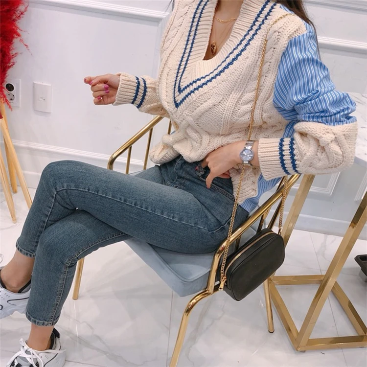 Пуловер женский трикотажный с V-образным вырезом на зиму и весну SW1162 2021 | Женская