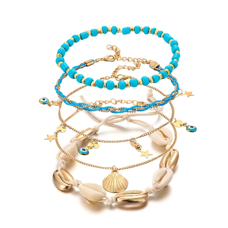 Docona Boho Fish Seashell ананас глаз кактус многослойный ножной браслет набор для женщин кабель цепи бисером ножной браслет ювелирные изделия для ног