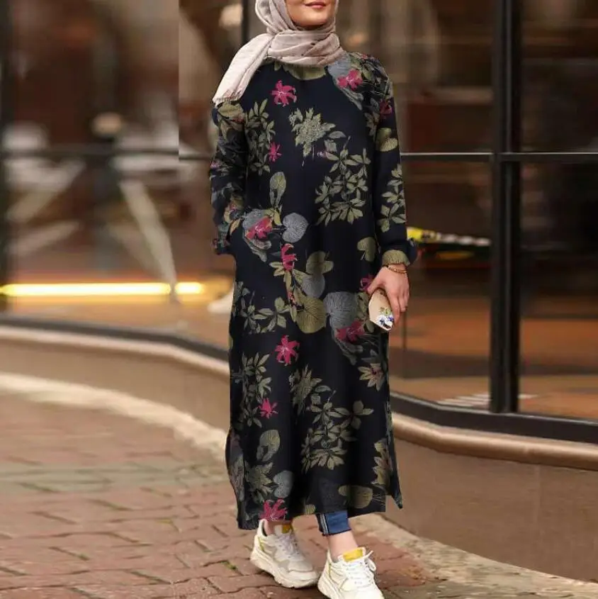 

Women's Dubai Ramadan Printed Pocket Retro Plus Size Muslim Dress Abaya Women Long Spain Moroccan Kaftan Clothing f189