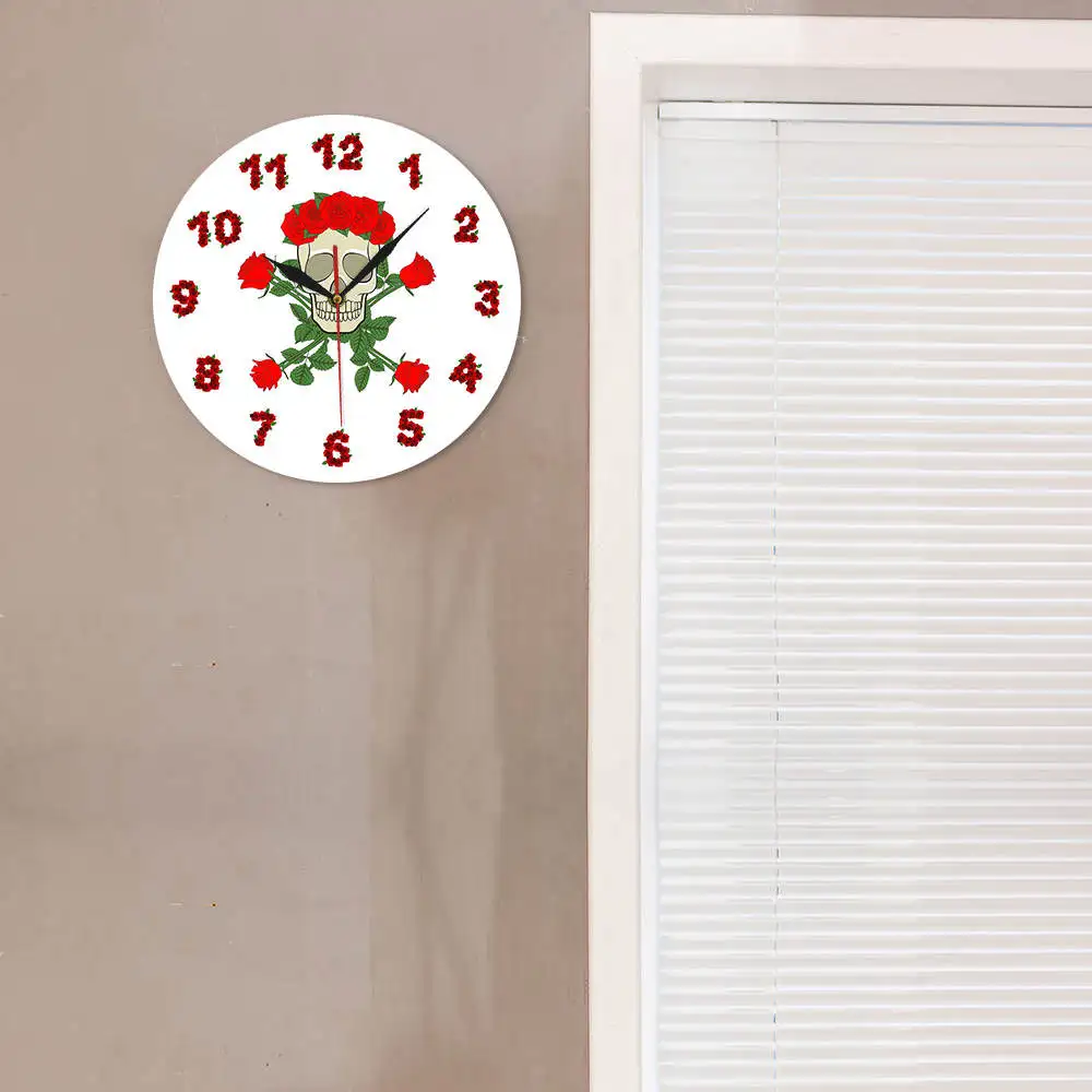 Sweet Skull With Rose Wreath Decorative Wall Clock Skeleton Modern Printed Acrylic Watch Room Decoration For Fever | Дом и сад