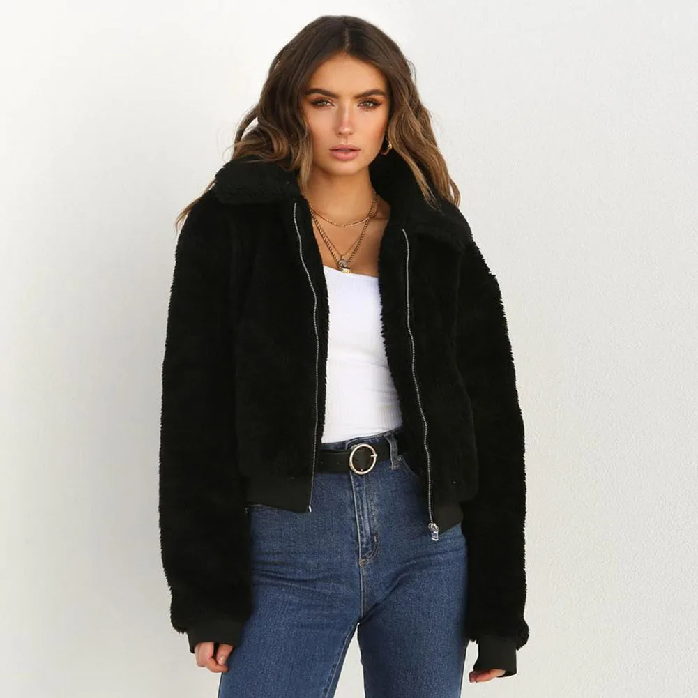 2019 Autumn Winter Faux Fur Coat Women Warm Soft Zipper Jacket Female Plush Overcoat Pocket Casual Elegant Teddy Outwear | Женская