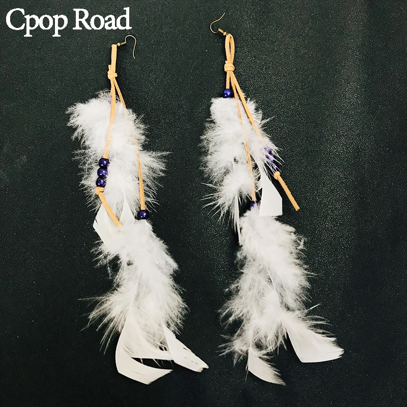

Cpop New Big Long Elegant Feather Earrings Nature Stone Beads Leather Tassel Earring Fashion Jewelry Women Accessories Gift 2019
