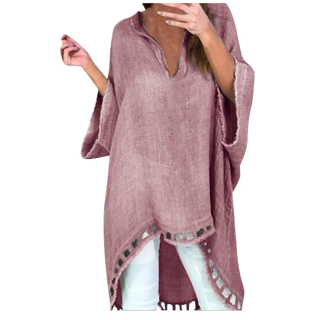 New Women Fashion Solid Colors V-neck Cotton Line Vintage Loose Irregular Long Sleeve Shirt Tops Blouse Blusa Plus Size#g3 | Женская