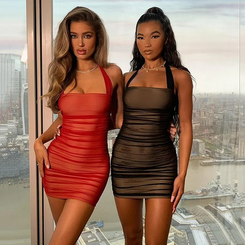 

2021 New Y2k Fashion Halter Strap Mini Skirt Ladies Club Sexy Party Sleeveless Pleated Hip-fitting Ladies Tight Dress